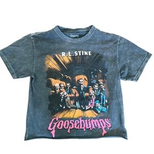 Goosebumps RL Stine Slappy the Dummy Graphic Tee Acid Wash Grey Raw Hem Medium